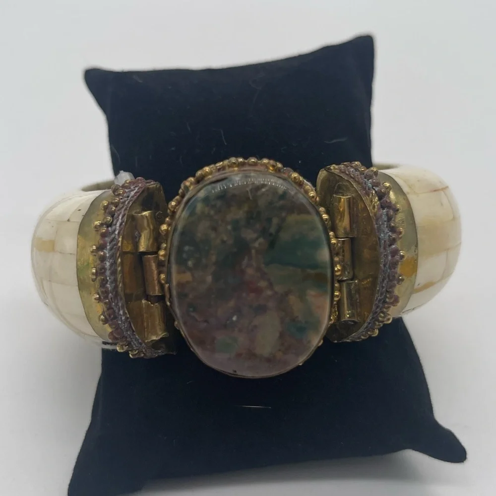 Vintage Ethnic Cuff Bracelet Wood Bone Agate Stone